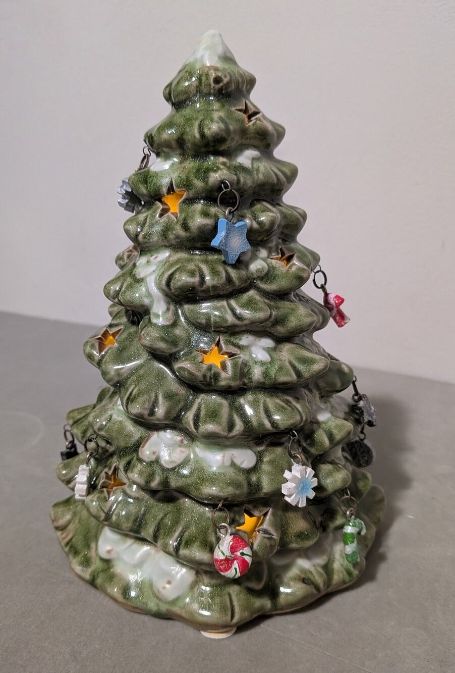 Ceramic 9" Christmas Tree Candle Holder with Hanging Mini Charm Ornaments Vtg